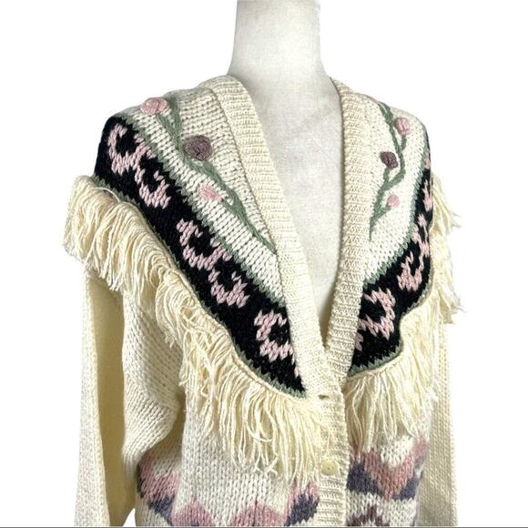 VTG Maggie Lawrence Fringed Knit Cardigan Women’s 80s Floral Pattern Size 18/20 - Picture 8 of 15